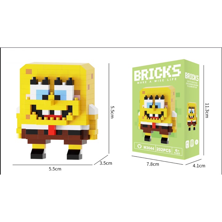 Set de constructie educativ, dezvolta gandirea, mini personaj, desene animate, Spongebob, 202 piese, Pentru copii si adulti