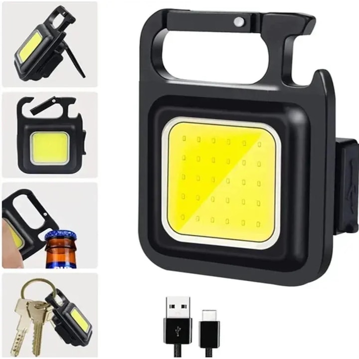 Lanterna LED 800 Lumeni, 3 moduri lumini, Mini cu Breloc, USB-C Reincarcabil, Suport 180°, Magnet si Deschizator