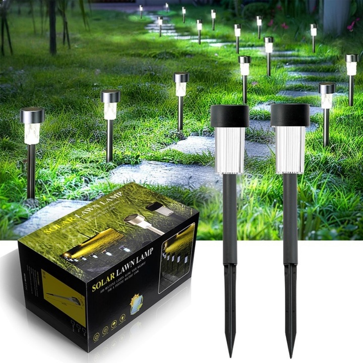 Set 10 lampa solara de gradina, tip tarus, LED, lumina alba rece, Echipate cu Panou Solar, detasabila, rezistenta la intemperii, grad de protectie IP44, 315x45mm, PVC/ABS/plastic, pentru gradina, Negru