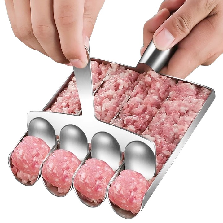 Set preparare chiftele, inox, 4 tuburi, cu spatula de taiere, argintiu