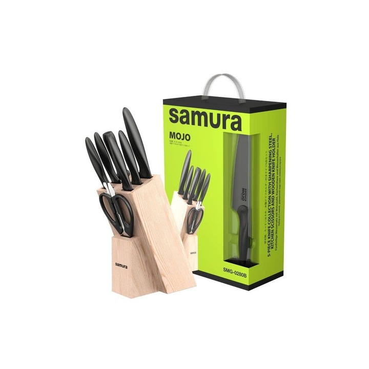 Set de 5 cutite de bucatarie Samura Mojo, otel japonez AUS-8, bloc din lemn