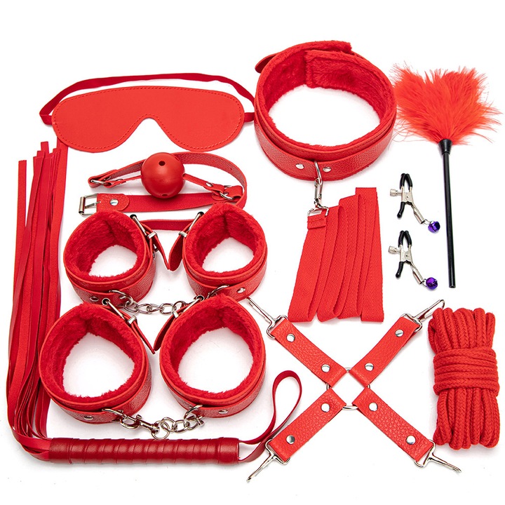 Set BDSM, 10 piese, poliuretan, rosu
