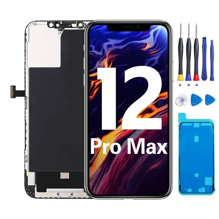 Резервен LCD екран за iPhone 12 Pro Max, HETUWZS, 6.7 инча, пълен комплект за ремонт, водоустойчиво лепило