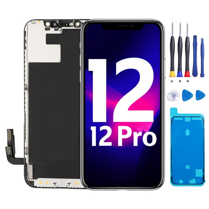 Резервен LCD екран за iPhone 12/12 Pro, HETUWZS, комплект с инструменти за ремонт, черен