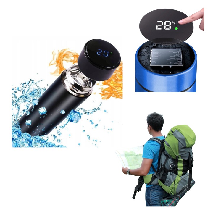 Termos cu display LED, 500 ml, negru, izolatie dubla, mentine temperatura pana la 12 ore calduta, 24 ore rece