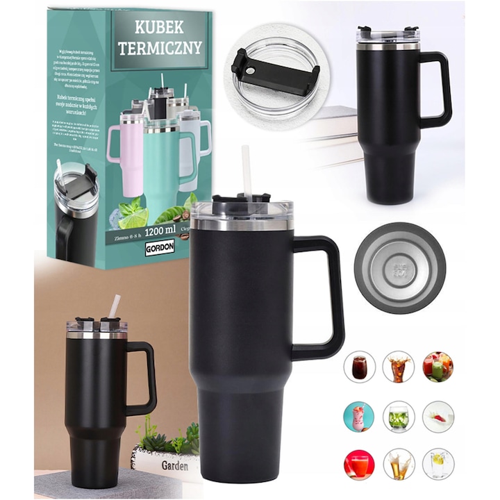 Cana termica MagiCook 1200 ml, inox 304, design minimalist, neagra