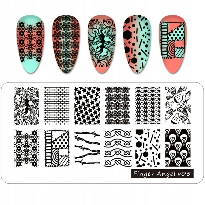 Placa de stampila pentru unghii, Finger Angel - V05, 12x6cm