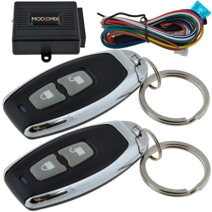 Kit central de inchidere, Modemix, cu 2 telecomenzi, deschidere portbagaj, localizare vehicul, 12 V, negru/argintiu