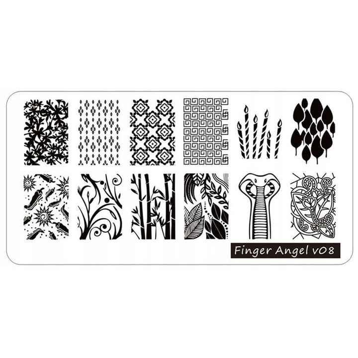 Placa de stampilare pentru decorarea unghiilor, Finger Angel - V08, 12x6cm, model cu flori si bambus
