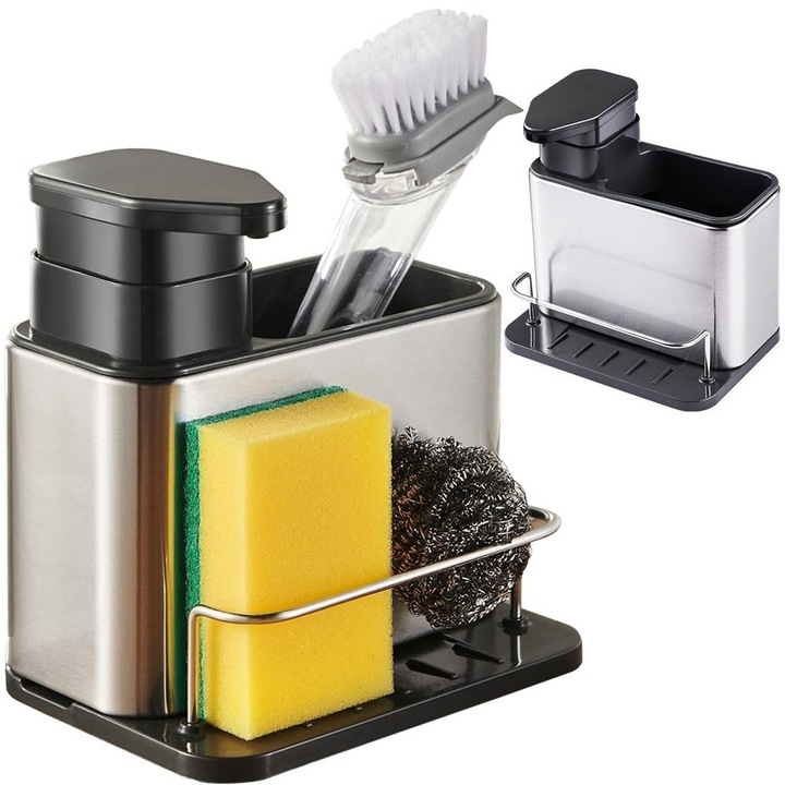 3 az 1-ben konyhai adagoló folyékony mosószerhez, Zola, ecset és szivacs számára elegendő hellyel, űrtartalom 340 ml, rozsdamentes acél/műanyag, 19 x 18 x 13 cm, fekete/ezüst