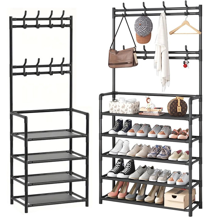 Ruhaakasztó cipőtartóval, Zola, fém, 8 akasztó, 5 szint, 168 x 60 x 26 cm, fekete