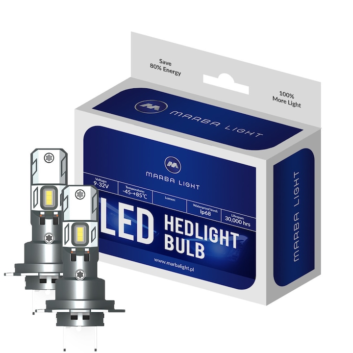 Becuri LED H7 30W alb rece 6000K, Marba Light, set 2 bucati