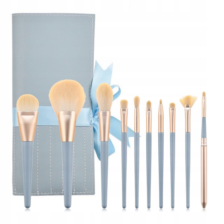 Set 10 pensule cosmetice, etui ecologic, 12 compartimente, albastru, 19,2cm