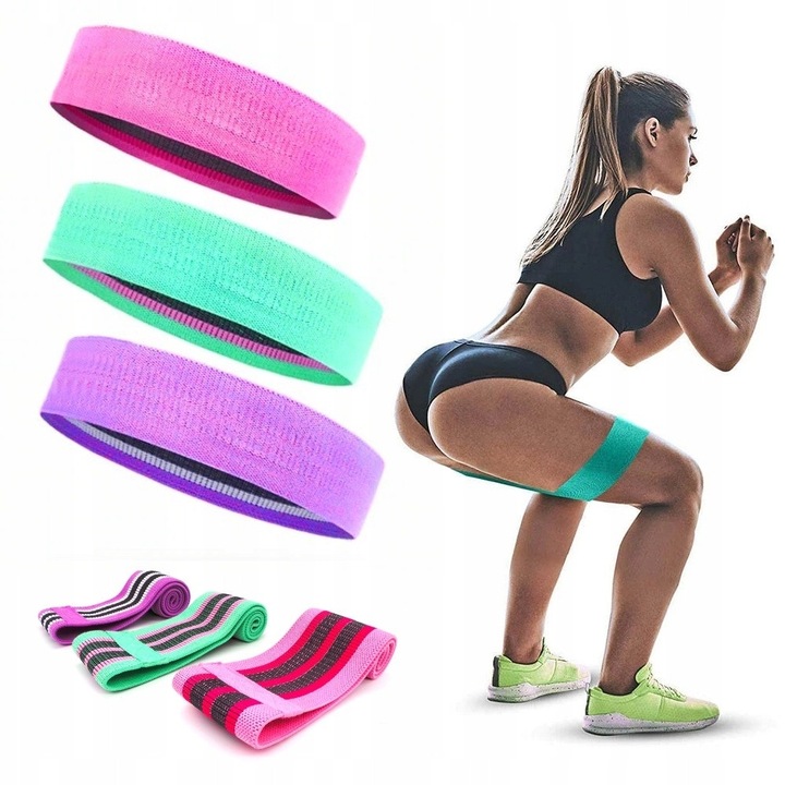 Комплект от 3 ластици за съпротивление, розов, зелен, лилав, 8x64см, 8x74см, 8x84см