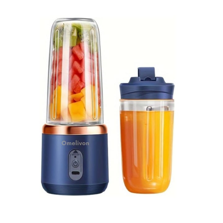 Blender portabil cu 2 cani si 6 lame, reincarcabil prin USB, mini blender personal multifunctional pentru smoothie, suc, sport si calatorii