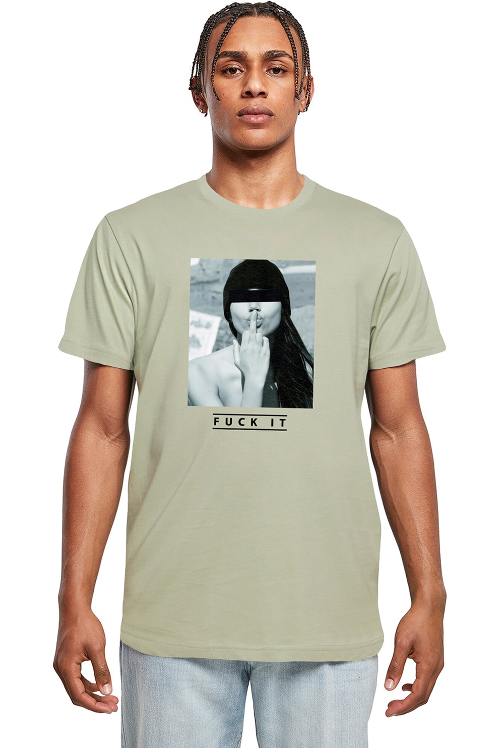 Mister tee, Tricou cu decolteu la baza gatului si imprimeu foto, Negru, Gri, Grej, XS
