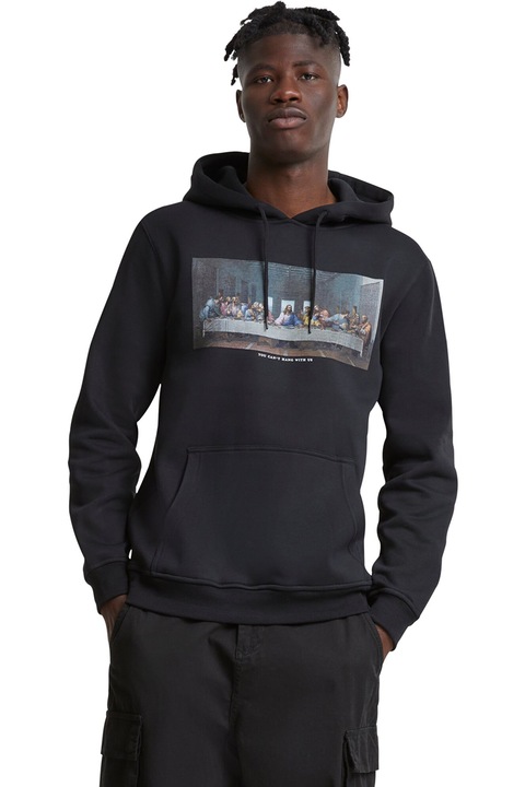 Mister tee, Hanorac cu imprimeu grafic si buzunar kangaroo, Negru/Alb murdar/Albastru