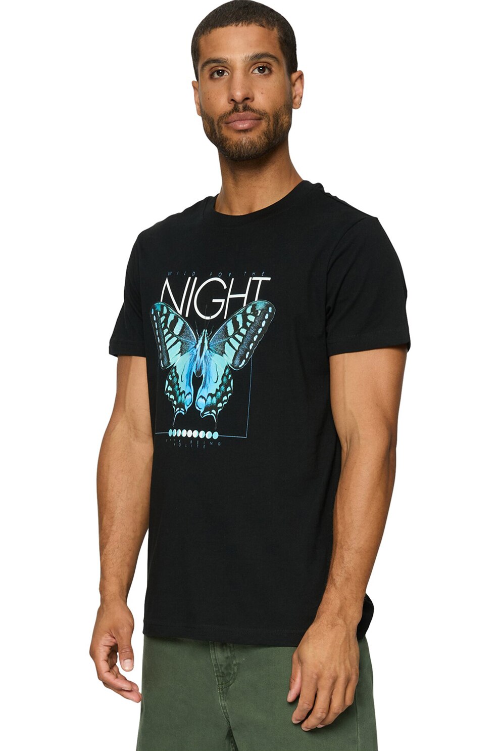 Mister tee, Tricou cu decolteu la baza gatului si imprimeu grafic si text, Alb, Negru, Albastru, S