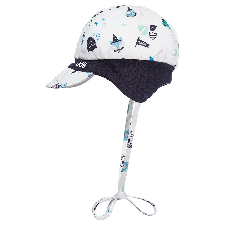 Caciula pentru copii cu snur si viziera, Doll, bumbac, protectie UV, confortabila, alb/bleumarin