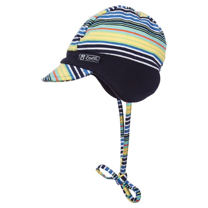 Caciula pentru copii cu snur si viziera, model in dungi, 100% bumbac, protectie UV, multicolor, Doll, 45
