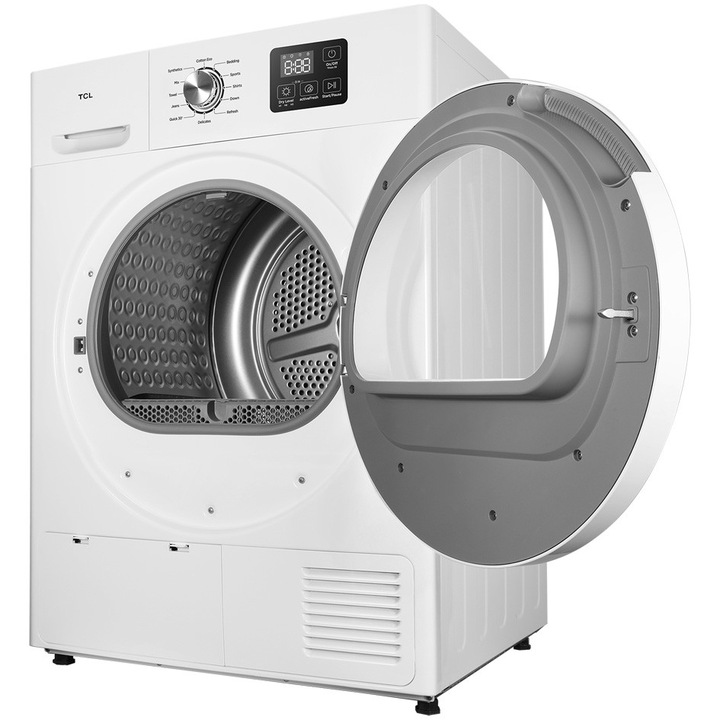Uscator de rufe TCL DF0816WE0, Pompa de caldura, 8 kg, 12 programe, Clasa E, Display LED, Quick Dry, Gentle Dry, Indicator curatare filtru de scame, Blocare acces copii, Alb