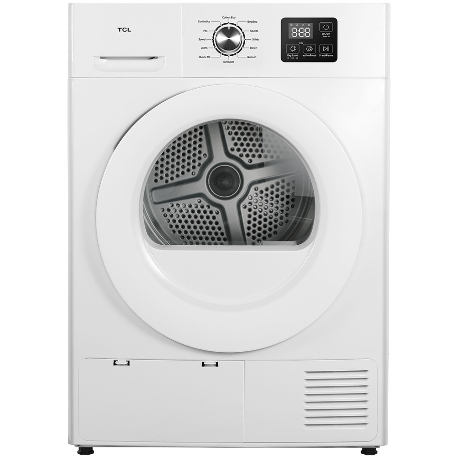 Uscator de rufe TCL DF0816WE0, Pompa de caldura, 8 kg, 12 programe, Clasa E, Display LED, Quick Dry, Gentle Dry, Indicator curatare filtru de scame, Blocare acces copii, Alb