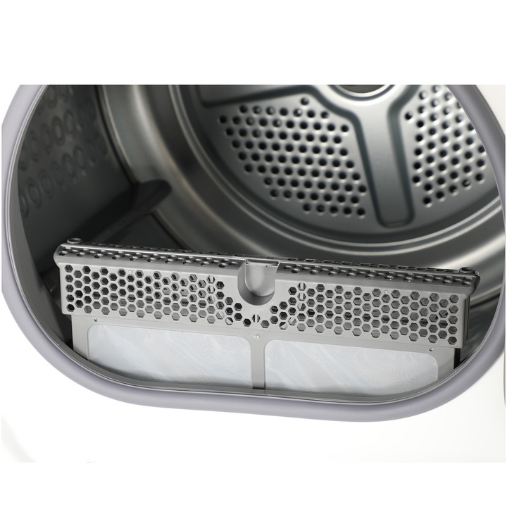 Uscator de rufe TCL DF0816WE0, Pompa de caldura, 8 kg, 12 programe, Clasa E, Display LED, Quick Dry, Gentle Dry, Indicator curatare filtru de scame, Blocare acces copii, Alb
