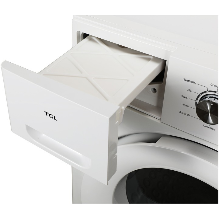 Uscator de rufe TCL DF0816WE0, Pompa de caldura, 8 kg, 12 programe, Clasa E, Display LED, Quick Dry, Gentle Dry, Indicator curatare filtru de scame, Blocare acces copii, Alb
