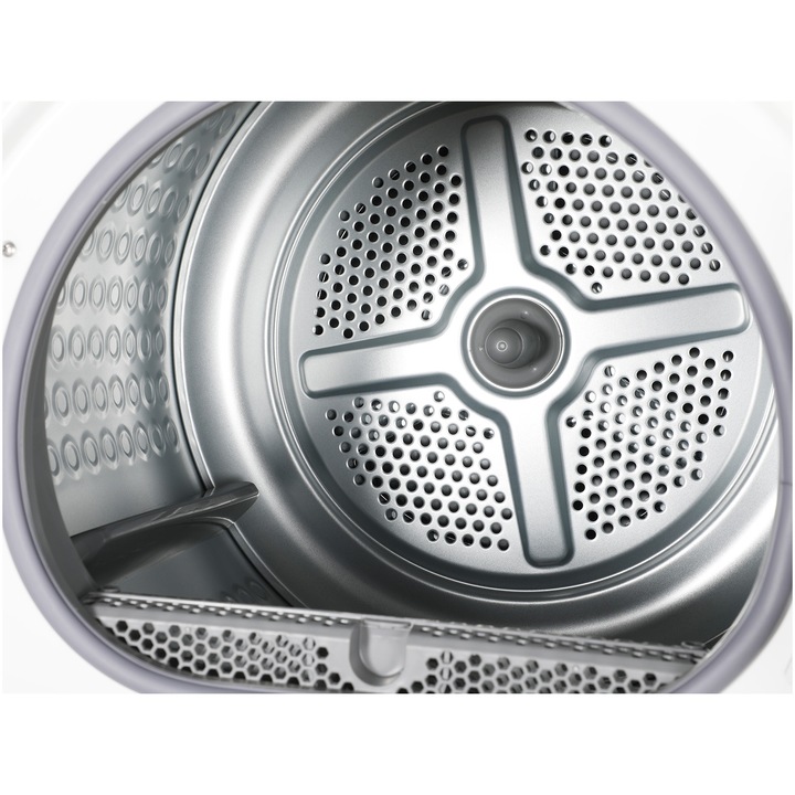 Uscator de rufe TCL DF0816WE0, Pompa de caldura, 8 kg, 12 programe, Clasa E, Display LED, Quick Dry, Gentle Dry, Indicator curatare filtru de scame, Blocare acces copii, Alb