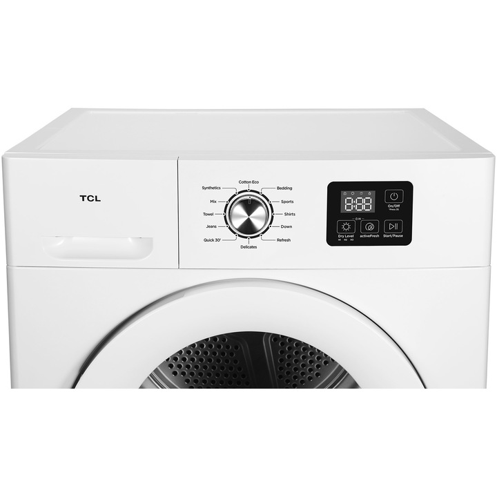 Uscator de rufe TCL DF0816WE0, Pompa de caldura, 8 kg, 12 programe, Clasa E, Display LED, Quick Dry, Gentle Dry, Indicator curatare filtru de scame, Blocare acces copii, Alb