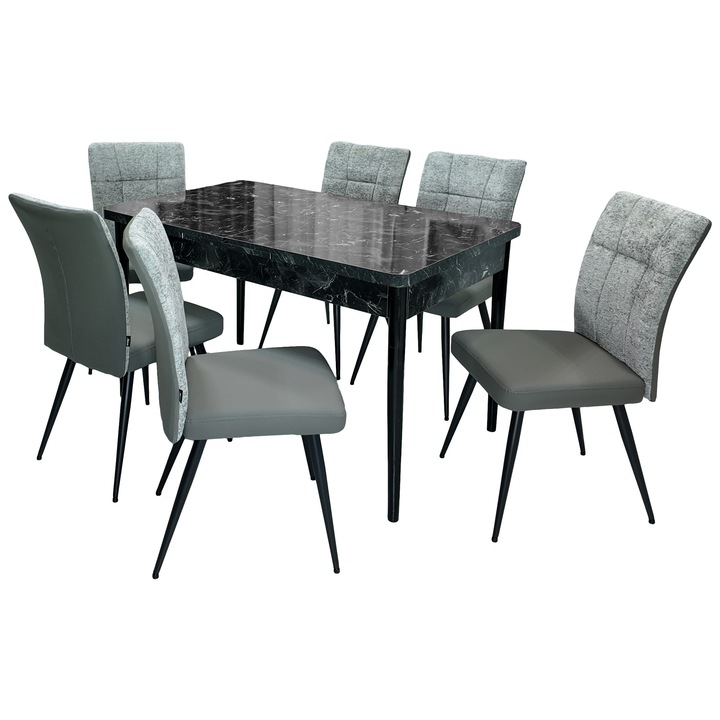 Set masa Napoli Black Marble cu 6 scaune Tivoli, gri cu antracit, DENVER, extensibila, picioare vopsite negru, 130x80x76 cm