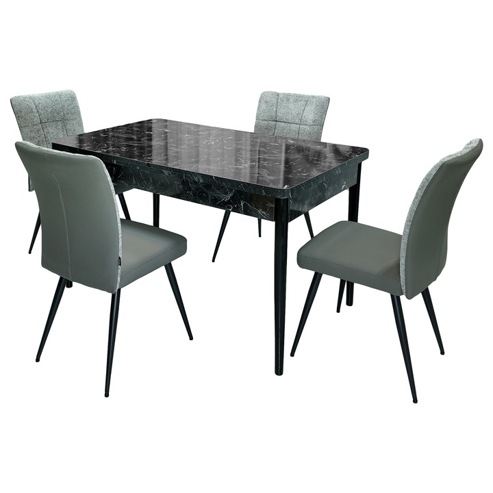 Set masa extensibila Napoli Black Marble cu 4 scaune Tivoli, gri antracit, 130x80x76 cm