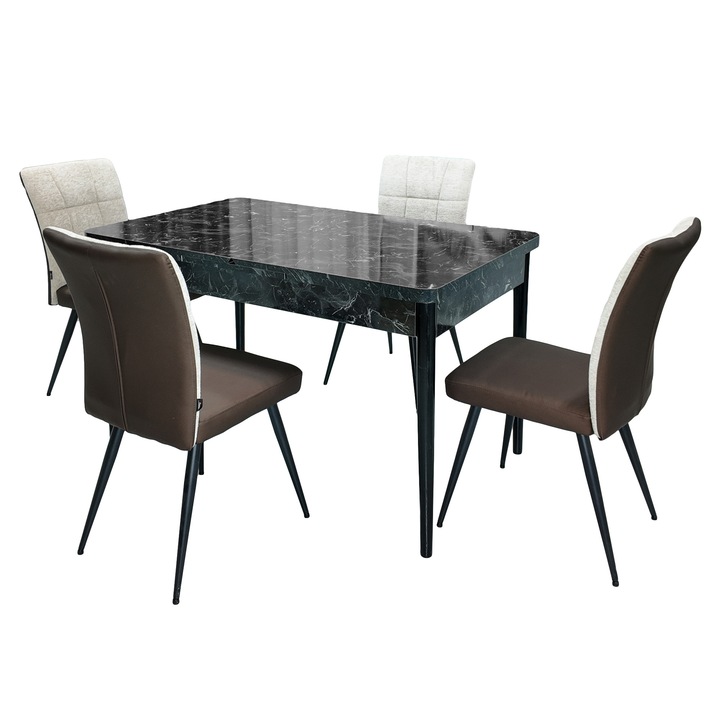 Set masa Napoli Black Marble cu 4 scaune Tivoli, maro cu bej, DENVER, extensibila, picioare vopsite negru, 130x80x76 cm