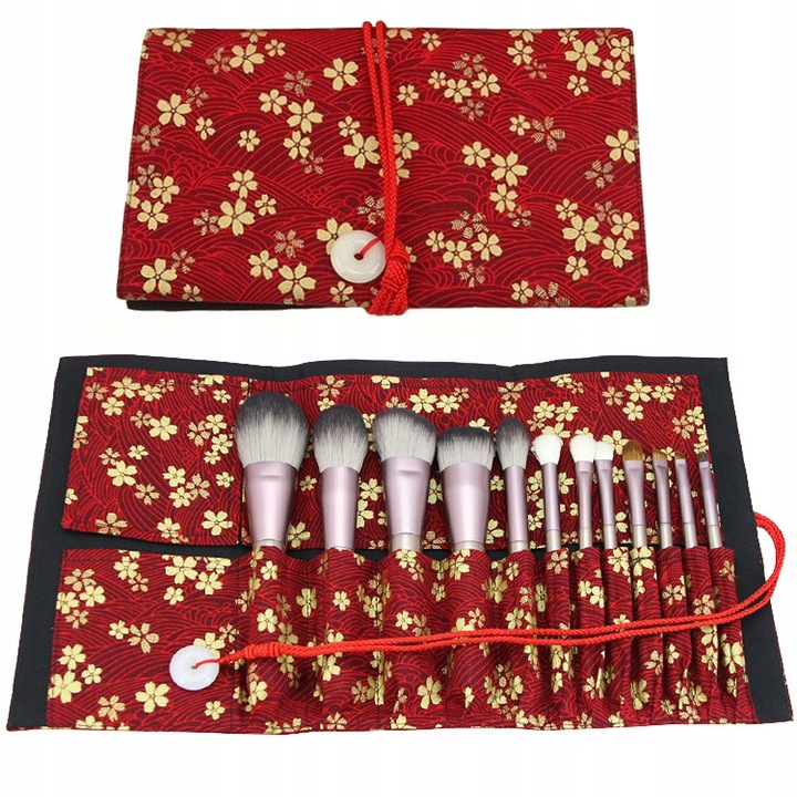 Etui pentru pensule de machiaj, rosu cu flori aurii, 13 compartimente, 34x22,5cm