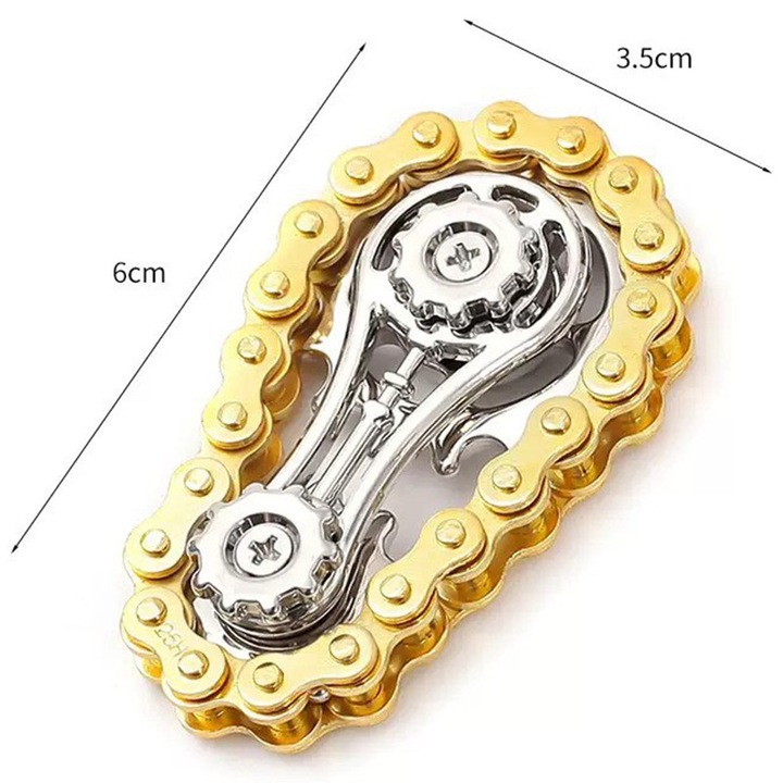 Fidget Spinner stresszoldó, ötvözet giroszkóp, fogaskerék lánc forma, 6x3,5 cm, arany