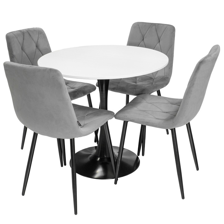 Set masa Innsbruck, DENVER, blat alb si picior negru cu 4 scaune Kobe gri, forma rotunda, 80x73 cm