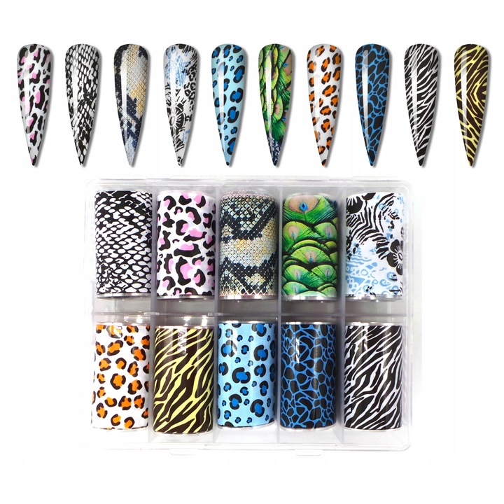 Set 10 x Folie Transfer pentru Unghii, Motive Animale, 10x4cm
