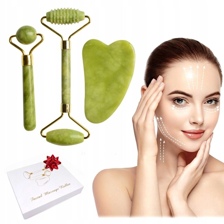 Set de masaj din jadeit, 2x roler, Gua Sha, verde