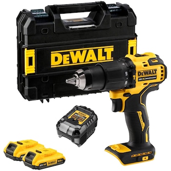 Masina compacta de gaurit si insurubat cu percutie (bormasina) pe acumulator DeWALT DCD709D2T, motor fara perii, 18V XR, cuplu 65 Nm, mandrina 13 mm, 2 acumulatori 2 Ah Li-Ion, include incarcator rapid, cutie transport din plastic TSTAK