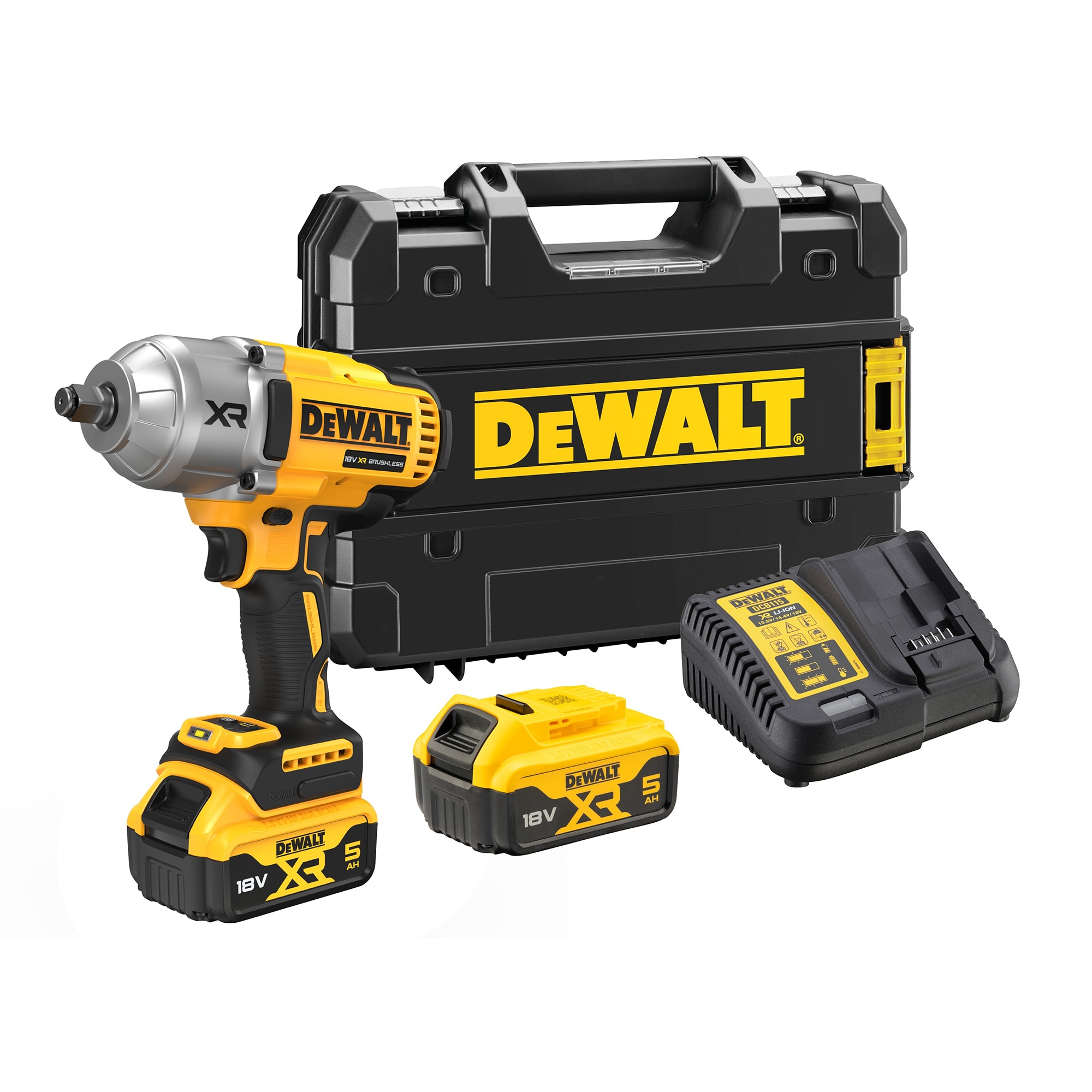 Masina de insurubat cu impact compacta pe acumulator DeWALT DCF900P2T, motor fara perii, 18V XR, cuplu maxim 950 Nm, cap de prindere de 1/2 inch, 2 acumulatori 5 Ah Li-Ion, incarca