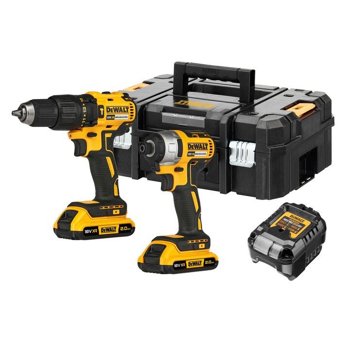 Комплект 2 инструмента DeWALT DCK2060D2T, 18V XR, безчетков мотор, ударна бормашина DCD778, ударен винтоверт DCF787, 2x Li-Ion батерии 2 Ah, бързо зарядно устройство, куфар за транспортиране TSTAK II
