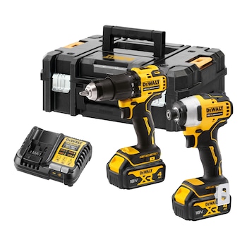 Set 2 scule profesionale pe acumulator DeWALT DCK2062M2T, 18V XR, motor fara perii, masina de gaurit cu percutie DCD709, masina de insurubat cu impact DCF809, 2x acumulator Li-Ion 4 Ah, incarcator rapid, cutie transport TSTAK II