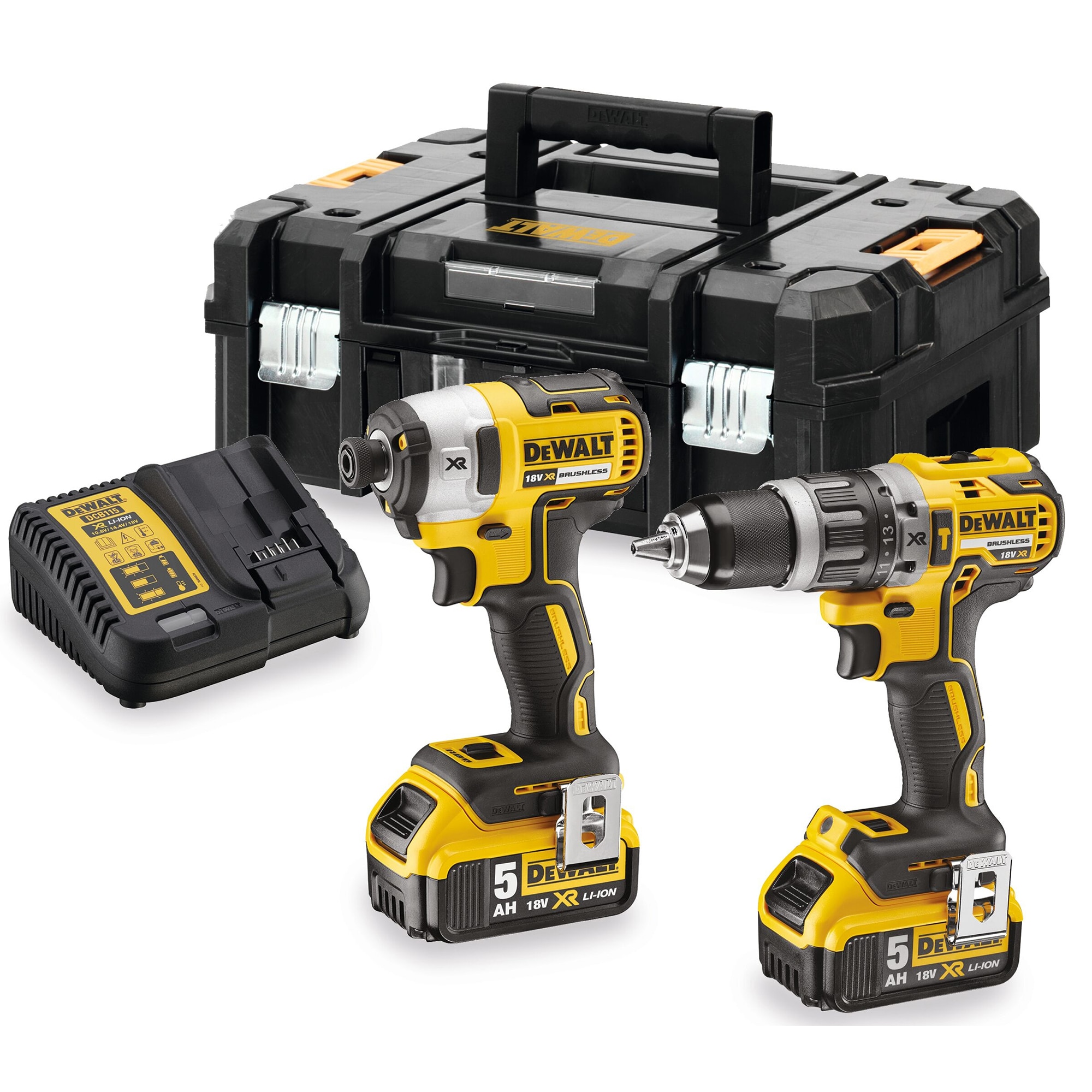 Set 2 scule profesionale pe acumulator DeWALT DCK266P2T, 18V XR, motor fara perii, masina de gaurit cu percutie DCD796, masina de insurubat cu impact DCF887, 2x acumulator Li-Ion 5