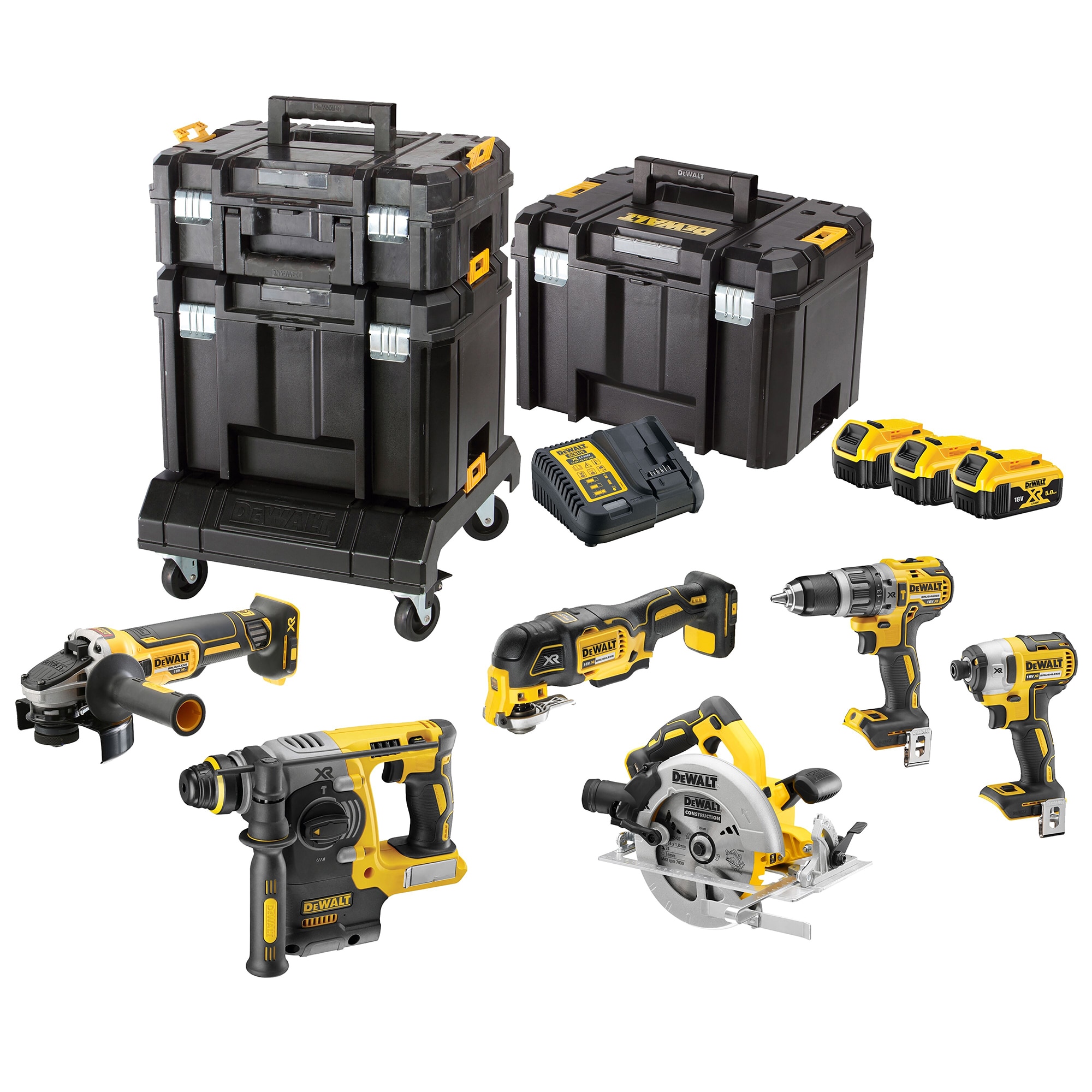 Set 6 scule DeWALT DCK685P3T, 18V XR, brushless, masina de gaurit DCD796, masina de insurubat DCF887, rotopercutor DCH273, polizor unghiular DCG405, fierastrau circular DCS570, mul