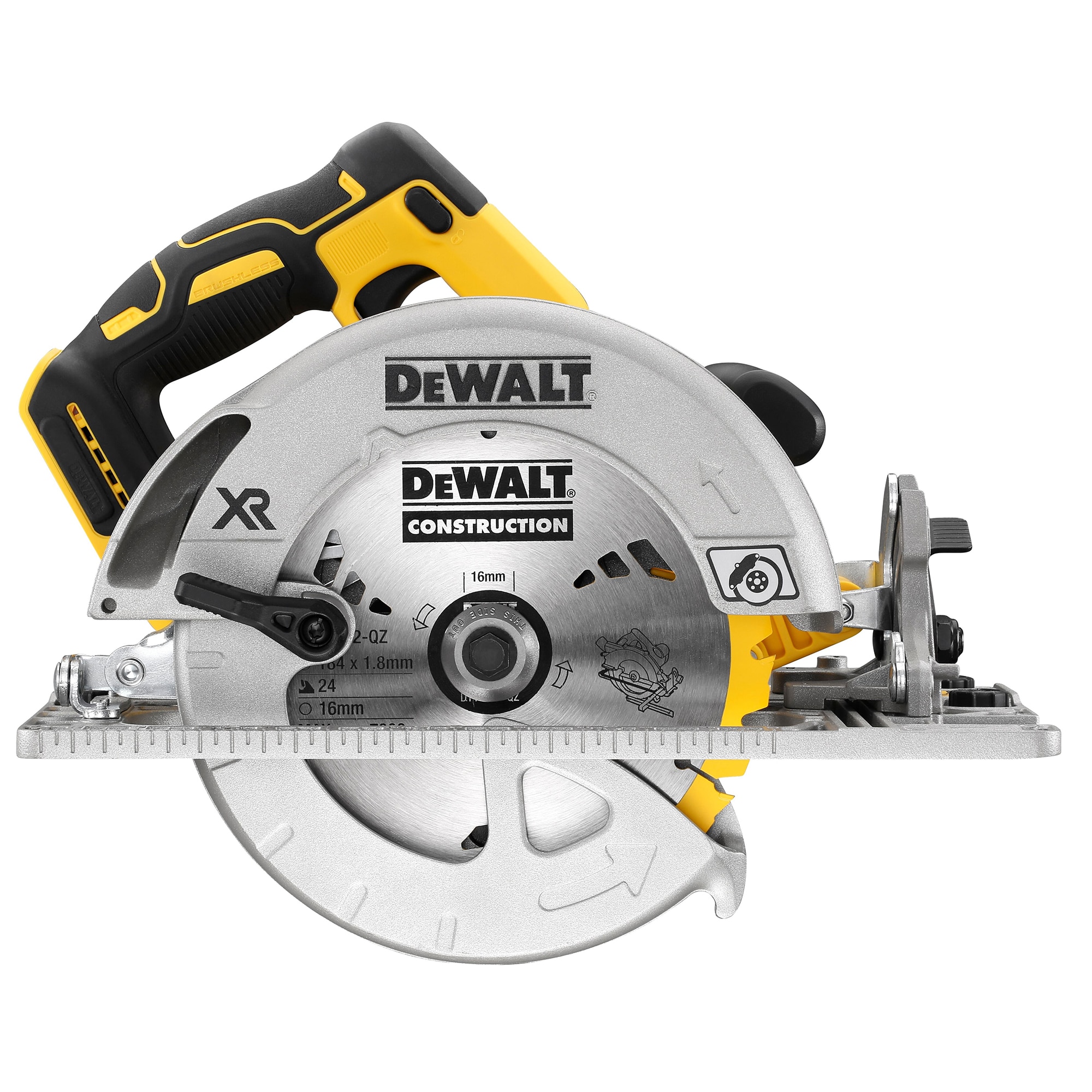 Fierastrau circular pe acumulator DeWALT DCS572NT, 18V XR, motor fara perii, diametru disc 184 mm, turatie 5500RPM, adancime de taiere 58 mm, iluminare LED, cutie transport din pla