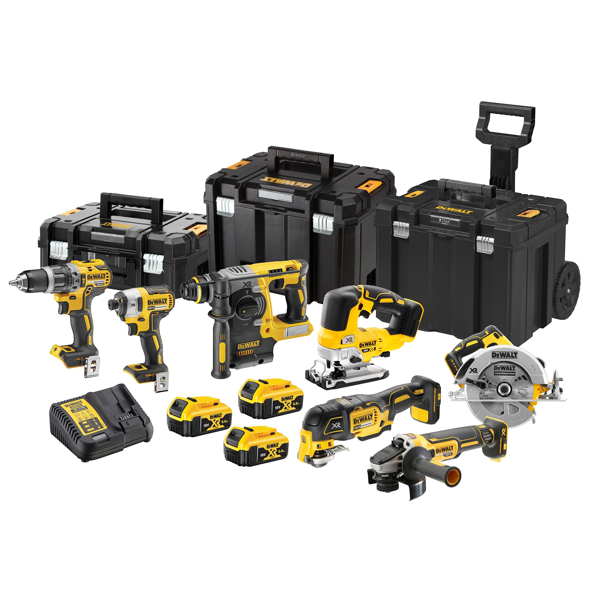 Set 7 scule DeWALT DCK755P3T, 18V XR, brushless, masina de gaurit DCD796, masina de insurubat DCF887, rotopercutor DCH273, polizor unghiular DCG405, fierastrau circular DCS570, osc