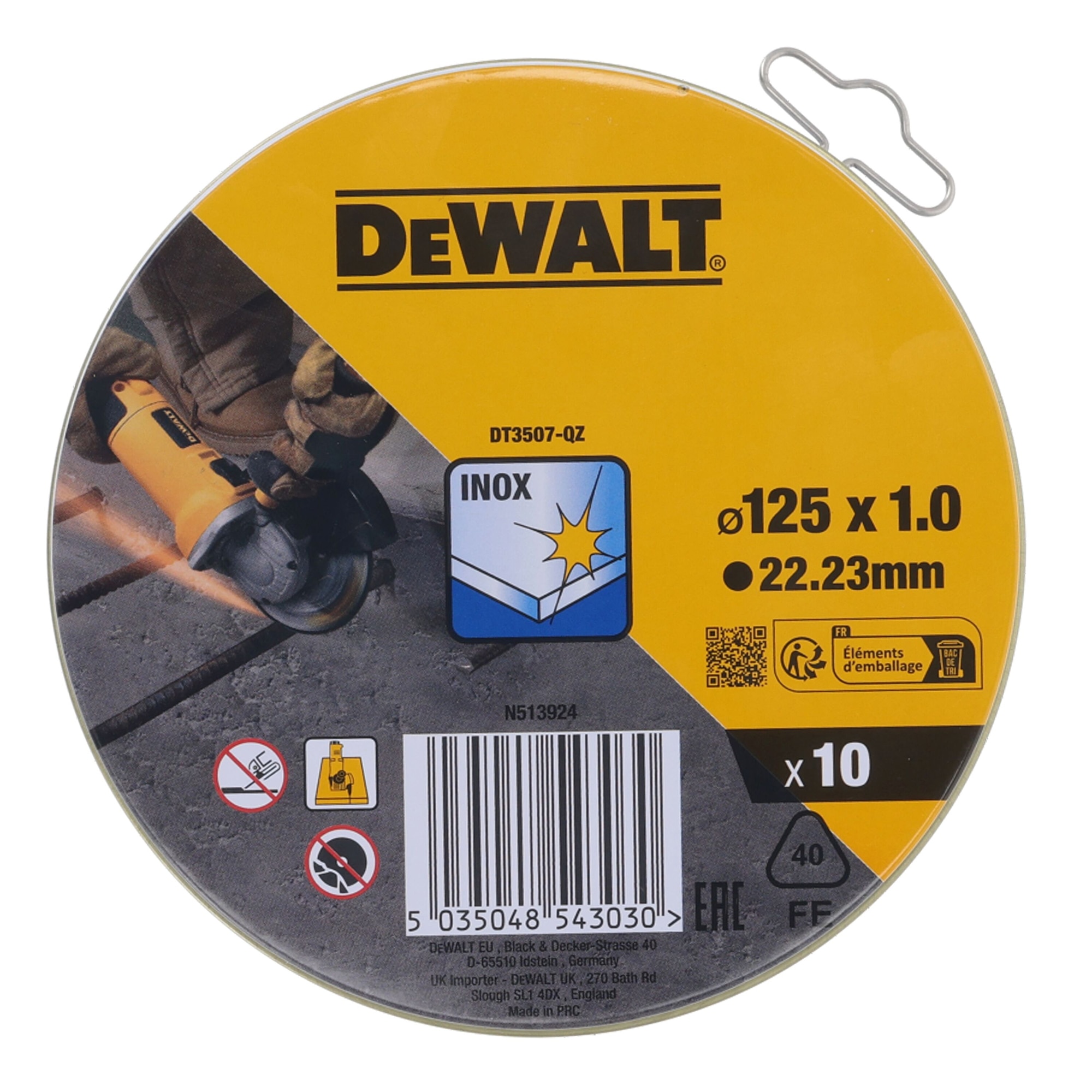 Set 10 buc. disc debitare metal pentru polizor DeWALT DT3507, 125 mm diametru, recomandat pentru inox/otel, dimensiuni 125 x 22.23 x 1 mm, turatie maxima 12250 RPM