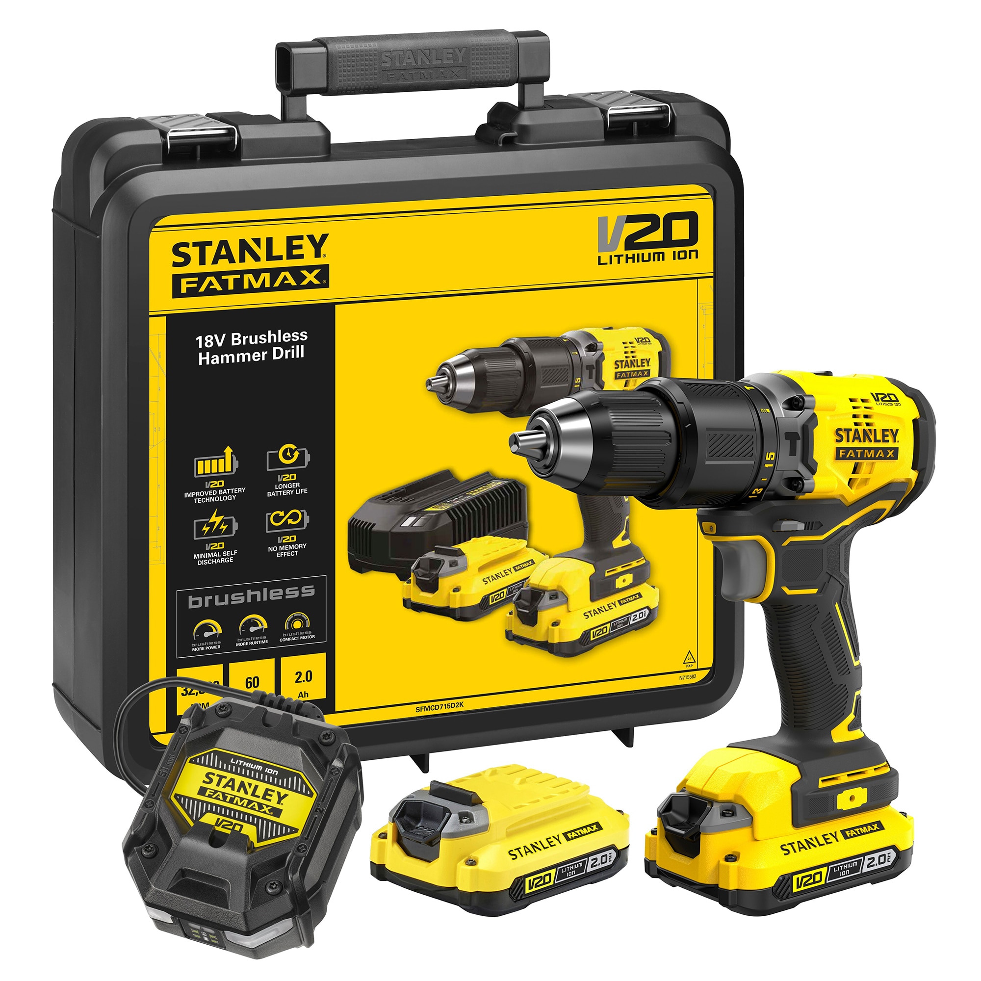 Masina compacta de gaurit si insurubat cu percutie (bormasina) pe acumulator STANLEY FatMax SFMCD715D2K, motor fara perii, 18V V20, cuplu 60 Nm,1900 RPM, 2 acumulatori 2 Ah Li-Ion,