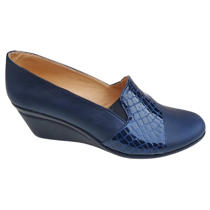 Pantofi Dama Bleumarin Ortopedici Din Piele Naturala, Talpa Usoara 7cm, Bleumarin