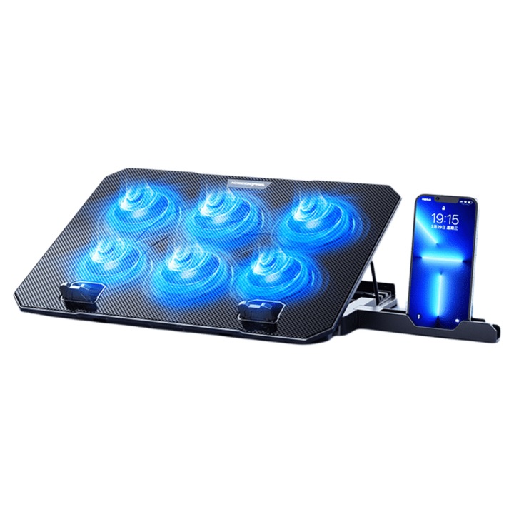 Cooler laptop Kolohoso, 6 ventilatoare silentioase, iluminare RGB, negru, pentru laptopuri de pana la 17.3 inch, suport ajustabil cu suport integrat pentru telefon